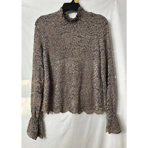 NWT Eri + Ali Anthropologie Womens Long Sleeve Lace Floral Taupe Top Shirt Small
